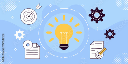 Creative idea concept with lightbulb target and gears illustration