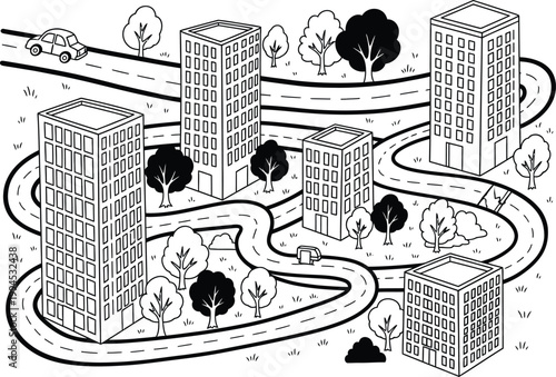 Isometric illustration of a cityscape with winding roads and tall buildings