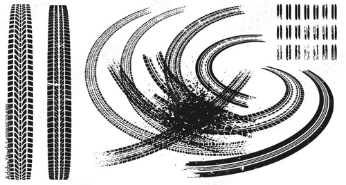 Large set of grunge tire tracks, curved skid marks and dirt splatters
