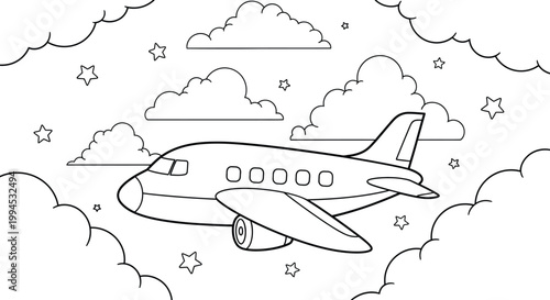 Sketch of an airplane flying amongst clouds hand drawn style illustration