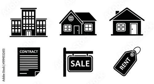 Real Estate Icons: Houses, Office Building, Contract, Sale, Rent Tags