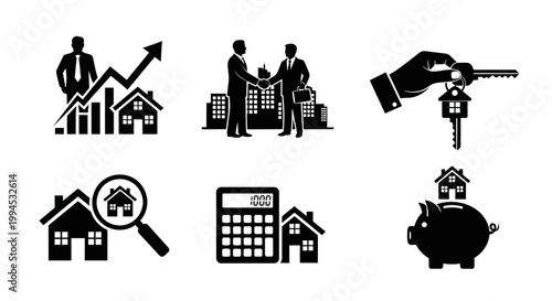 Real Estate Icons: Investment, Deal, Keys, Search, Finance, Savings