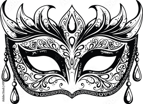 Intricate black and white venetian mask with floral and swirl details
