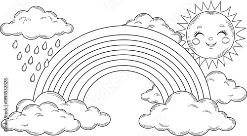 Hand drawn rainbow sketch with clouds a whimsical black and white illustration