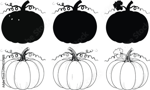 Ink sketch of pumpkins a six panel arrangement of autumnal harvest symbols