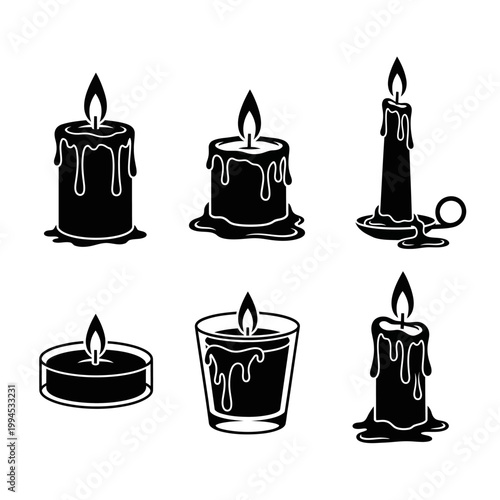 Set of Black Candle Icons with Dripping Wax and Flames
