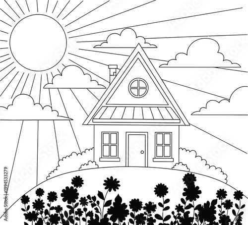 Rustic cabin sketch with sun and landscape a vintage black and white illustration