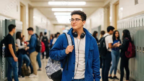 High School Student in Hallway with Backpack and Headphones - Engaged in School Life and Social Interaction