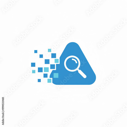 Database search icon with blue triangle shape and magnifying glass over small data squares featuring analytics, information, storage with query and