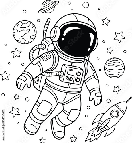 Astronaut floating in space a detailed line art illustration