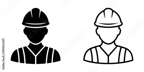 Construction worker icon set with silhouette and outline styles, safety helmet and uniform vector illustration isolated on white background for industry and labor design