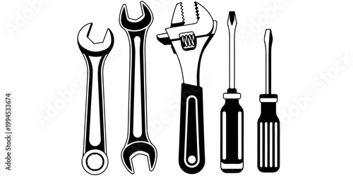 Hand tools icon set including wrench adjustable spanner and screwdrivers in silhouette and outline styles isolated on white background for repair and maintenance concepts