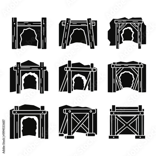 Set of Mine Entrance Icons: Coal Mining Entryways, Tunnel Portals, Underground Access
