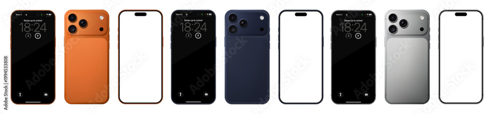 Naklejka premium Detailed orange, blue and silver mobile phone mockup pack. Front and rear view isolated on transparent background. Vector PNG