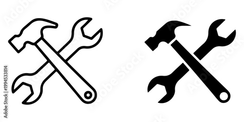 Crossed hammer and wrench tools icon set in silhouette and outline styles representing repair maintenance construction and mechanical service