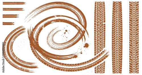 Collection of brown muddy tire tracks, curved dirt trails and mud splatters 