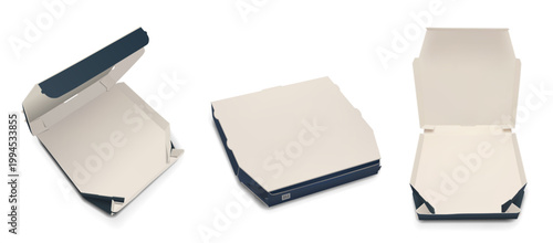 Photorealistic ivory and blue paper cardboard pizza box mockup pack isolated on transparent background. Food delivery degradable package. Vector PNG