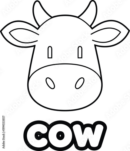Cute cartoon cow head with text a simple black and white illustration