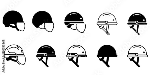 Safety helmet icon collection in multiple styles including silhouette and outline construction hardhat protective gear illustration