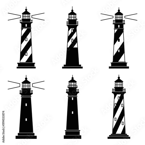 Set of Six Lighthouse Silhouettes, Black and White, Nautical Navigation Icons