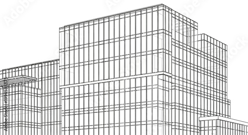 Architectural wireframe drawing of a modern high-rise building with multiple stories and glass facades.
