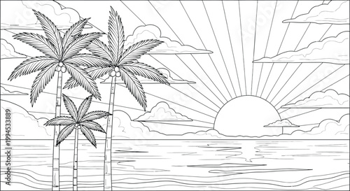 Sketch of a tropical scene with palm trees and water black and white