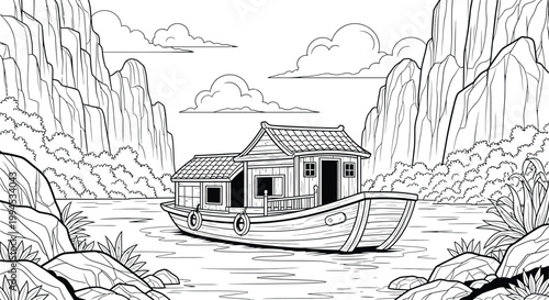 Rustic cabin in a rocky canyon a detailed ink sketch landscape