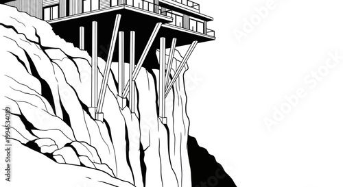 A building on stilts precariously perched on the edge of a steep cliff, black and white illustration.