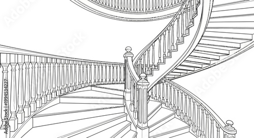 Detailed line drawing of an elegant double spiral staircase with ornate balusters.