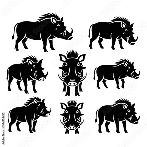 Warthog Silhouette Collection: Multiple Poses of Wild Boar Animal Icon
