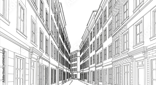 Detailed line drawing of a narrow European city street with tall buildings and many windows, receding into the distance.