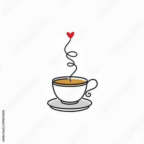 Coffee cup icon with swirling steam and a red heart symbol above the mug, hand drawn doodle style featuring hot beverage, espresso, latte with sketch