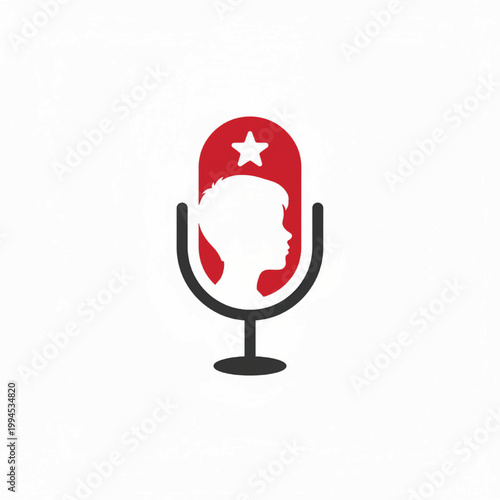Microphone icon with red semicircle background and white star, featuring a female silhouette profile inside