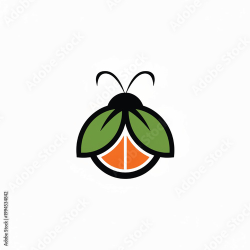 Bee logo icon with green leaves and orange shield design, handmade craft style on white background featuring nature emblem, gardening, organic brand