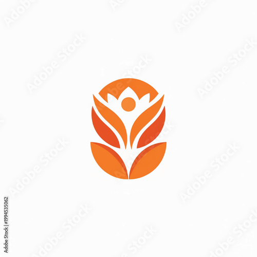 Logo emblem of a hand holding leaves with a human figure and warm orange gradient for eco wellbeing branding