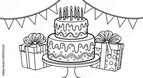 Festive birthday celebration sketch tiered cake presents and party decorations