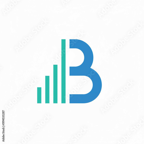 Letter B logo with blue bold typography and teal bar graph growth accents for business branding featuring analytics, marketing, corporate with