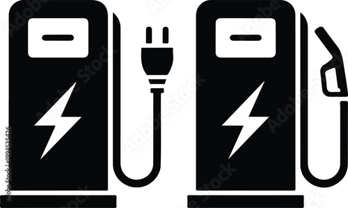 Minimalist black and white electric vehicle charging station icon set with plug and fuel nozzle symbols in clean vector design
