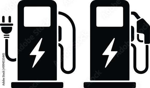 Minimalist black and white electric vehicle charging station icon set with plug and fuel nozzle symbols in clean vector design