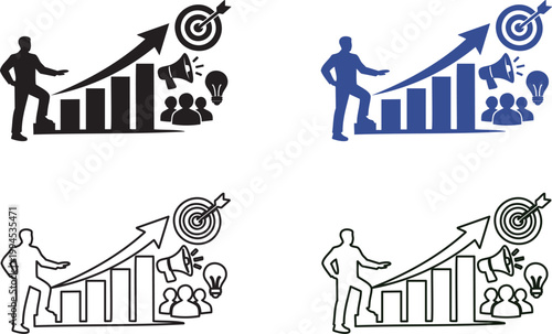 Business growth with man standing by bar graph and targets
