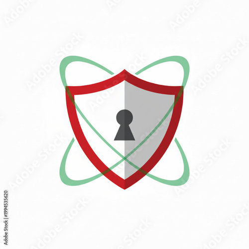Shield heart logo with red ribbon and mint green atomic wings, featuring a central keyhole security icon