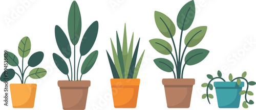 Minimalist houseplant illustration set of five potted plants with varied leaf shapes arranged in clean horizontal vector composition