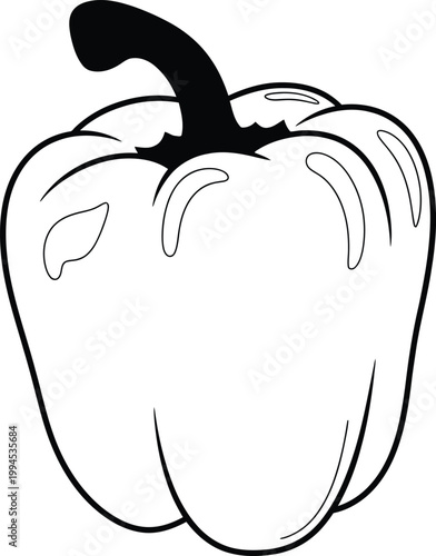 Black and white illustration of a bell pepper with stem and subtle details