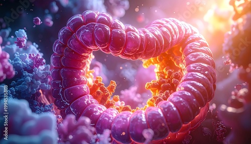 Vibrant Microscopic View of Intestinal Villi and Gut Microbiome.