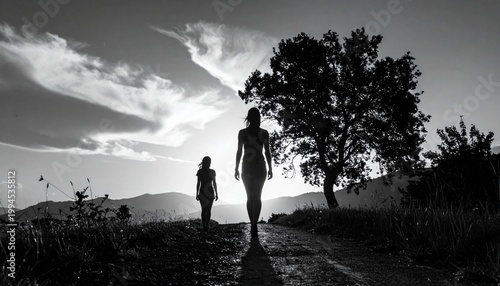 Silhouette of two women walking towards the sunset on a hilltop.