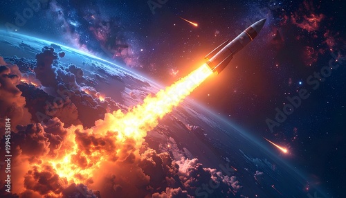Rocket Launching into Space with Fiery Exhaust and Earth View.