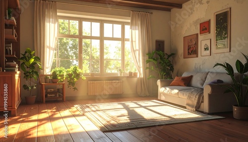 Sunlit Serenity - A Cozy Interior with Natural Light and Greenery.