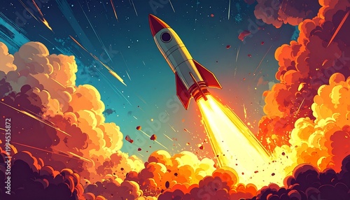 Rocket Launching Through Clouds into Space, a Symbol of Ambition.