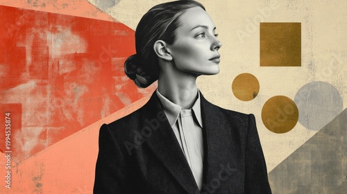 A woman in professional attire looking confident, a collage blending modern and vintage elements symbolizing feminism and equality.