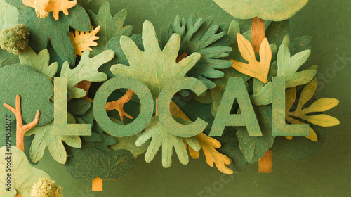 The Word LOCAL Crafted from Green Paper Leaves on a Textured Green Background for Sustainable Community and Environmentally Friendly Product Concept